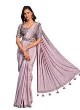 Lavendar Pure Crape Georgette Embroidered Ready to Wear Saree